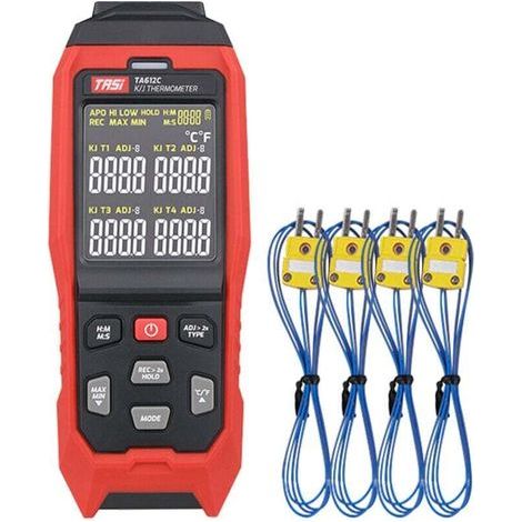 Thermomètre à thermocouple de type K/J à 4 canaux TA612C -2001372℃/-3282501℉, 5000 ensembles de stockage de données, avec téléchargement de données USB et mesure en temps réel (1/4)