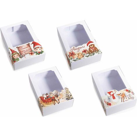 Scatole regalo di Natale in carta bianca con finestra a vetrinetta trasparente e card natalizia, set da 24 pezzi, cm 15 x 22 x 7 H