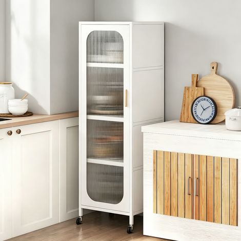 5 Tier Tall Narrow Metal Bathroom Storage Cupboard on Castors, Adjustable Shelves & Semi-Transparent Doors, Multi Use for Dining & Living Room (1/5)