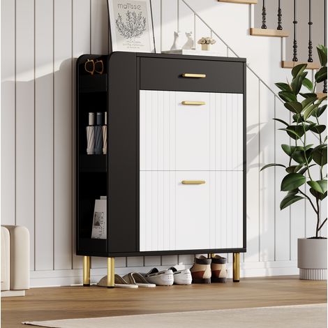 Scarpiera 80x24x105 cm bianco e nero in MDF e pannello truciolare con 2 ribalte, 1 cassetto e 3 vani aperti (1/5)