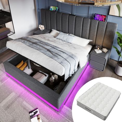 DESVIAE Lit double avec rangement et matelas 180 x 200 cm LED 360 contrôle par application USB et USB C sommier à lattes en lin gris (1/5)