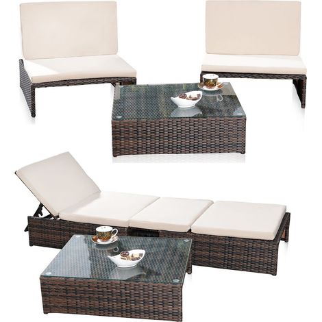Mucola – Salon de jardin modulable en poly-rotin marron – Ensemble 2 fauteuils, 1 table avec plateau en verre – Coussins hydrofuges amovibles (1/4)