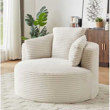 Sillón de pana beige con respaldo acolchado, diseño redondo, asiento cómodo de espuma y muelles, sin montaje (1/5)