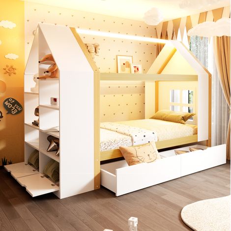 Cama infantil casa 235x95x154.5 cm, con cajones y almacenaje lateral, madera maciza, natural y blanco (1/5)