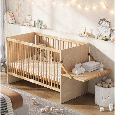 Lit bébé évolutif 70x140 cm avec table à langer latérale rabattable, sommier 4 hauteurs, pin naturel (1/5)