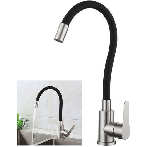 Robinet de cuisine flexible haut orientable Acier inoxydable brossé et noir Bec pivotant 360° Tuyau silicone PVC pour forme personnalisée (1/5)