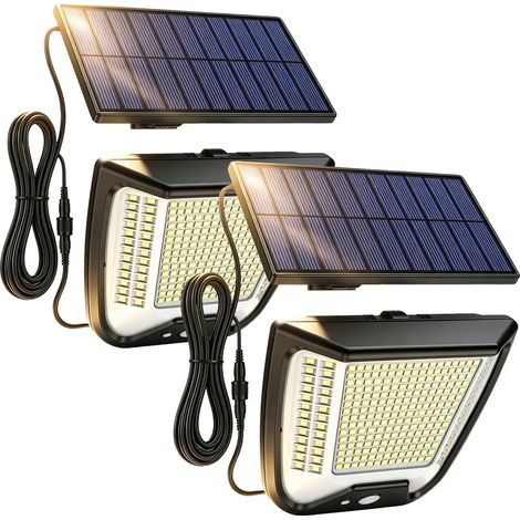 Lot de 2 lampes solaires LED d'extérieur avec panneau 288 LED, projecteur solaire avec détecteur de mouvement, 3 modes, étanchéité IP65, câble de 5 m