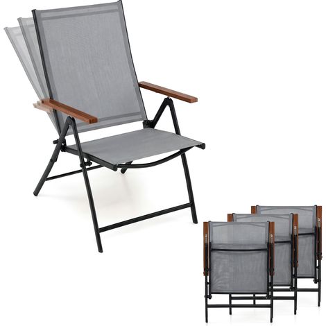 Lot de 4 Chaises de Jardin Extérieures, Chaise Pliante avec Dossier Ajustable à 5 Positions, Accoudoirs, Cadre en Métal, pour Jardin, Balcon, Gris (1/5)