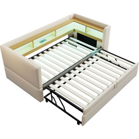 Sofá cama convertible tapizado beige 90/180 x 190 cm con LED, enchufes y almacenaje HOMVRA (1/5)