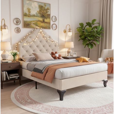 Letto 90x200 riposo velluto beige testiera regolabile HAVRYA (1/5)