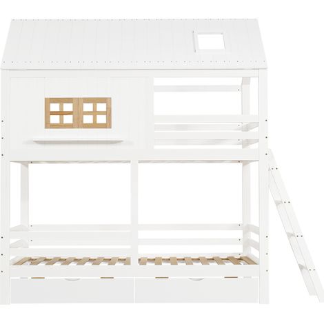 Lit superposé enfant 90x200 cm avec fenêtre, toit, 2 tiroirs, échelle, blanc naturel (1/5)