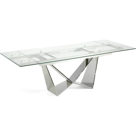 Table de diner extensible plateau verre trempé base acier inoxydable chromé - Transparent, acier chrome (1/5)