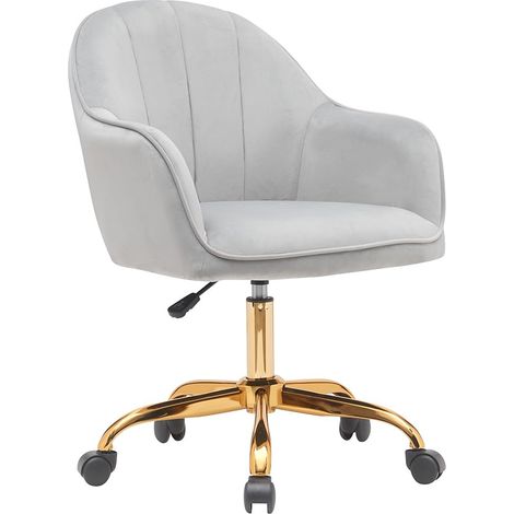 Chaise de Bureau en Velours avec Base dorée de 55 cm, Rembourrage Extra Doux et Shabby Chic, Fauteuil de Bureau Ergonomique avec réglage Hauteur au gaz 95-105 cm (Gris) (1/4)