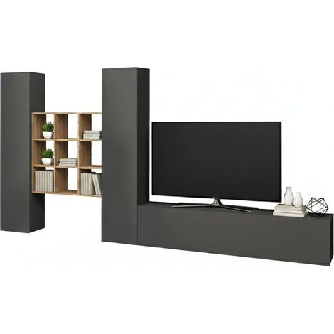 Dmora - Parete attrezzata Genoveffa, Set salotto porta TV a 3 ante, Mobile soggiorno multiuso, 100% Made in Italy, cm 270x30h180, Antracite e Acero (1/5)