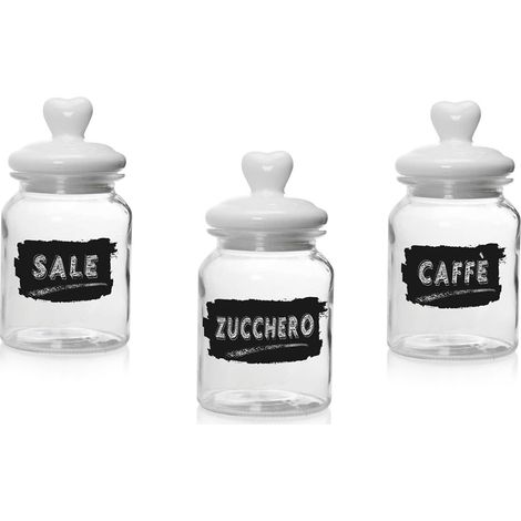 TRIS BARATTOLI IN VETRO CON TAPPO IN CERAMICA A CUORE DA 1000 ML 11X21 CM SALE.ZUCCHERO E CAFFÈ (1/2)