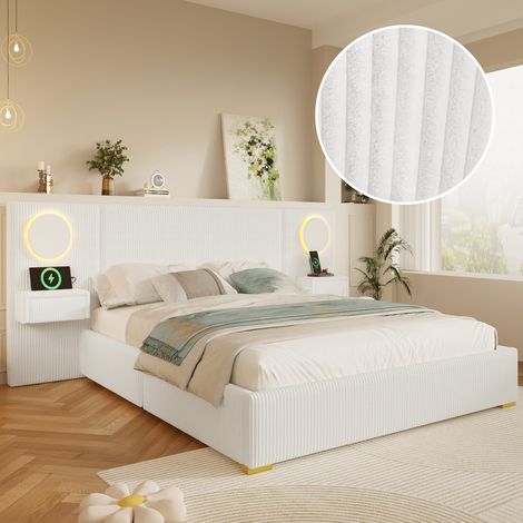 Cama tapizada 180x200 cm beige en terciopelo con cabecero LED, puertos USB y mesitas laterales con cajones (1/5)