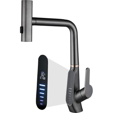 Waterfall Kitchen Sink Mixer Faucet with Pull Out Sprayer, 3 Mode Kitchen Sink Faucet, 360° Rotation, Digital Display, Single Screw Kitchen Faucet, 59A Copper, Anti-corrosion, Durable
