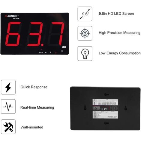 Sonomètre numérique portable, plage de mesure de 30 à 130 dB – écran LCD rétroéclairé de 9,6 pouces – alimentation USB – enregistrement des données toutes les 2 secondes (1/4)