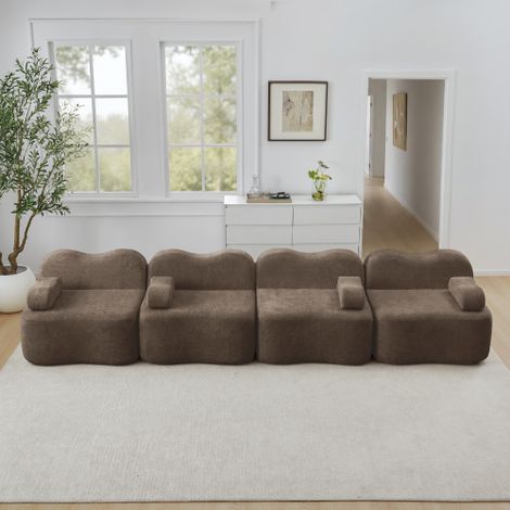 Canapé Modulable 4 Places Forme Coquillage, Canapé Sans Structure en Mousse Haute Densité 32D, Assise Profonde, Accoudoirs Mobiles, Sans Montage, pour Salon et Appartement, Marron (1/5)