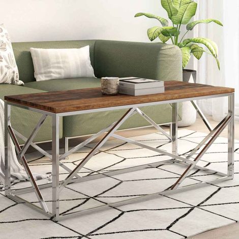 vidaXL Table basse argenté inox et bois de mélèze massif (1/5)