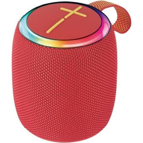 Enceinte Bluetooth portable rouge, avec effets lumineux RGB et son stéréo à 360°. Idéale pour le camping, les fêtes et la maison. (1/3)