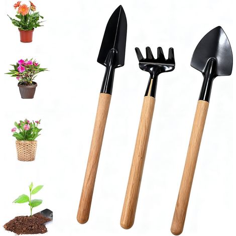 Lot de 3 mini outils de jardinage - Avec manche en bois - Petite pelle pratique - Pour bonsaï - Plante - Fleurs en pot - Sol en vrac (1/5)