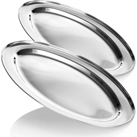 2 - Plateau de service - Acier inoxydable - Design ovale classique pour buffet et décoration - Usage intérieur et extérieur - Argent - 45x29cm