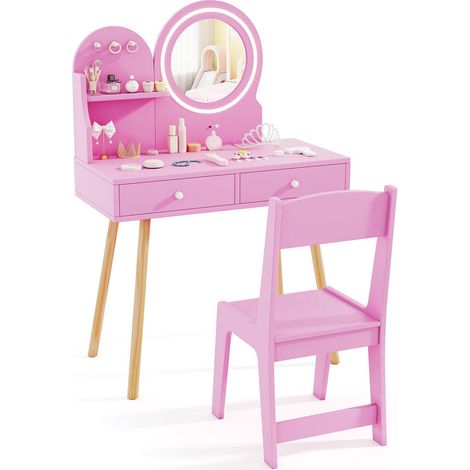 Fixation murale incluse, coiffeuse enfant princesse avec chaise, miroir lumineux 2 couleurs et rangements (1/5)