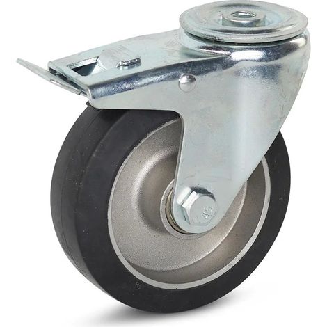 Roulette pivotante freinée - MESO - Caoutchouc élastique noir - 125mm - Trou central - 300kg (1/2)