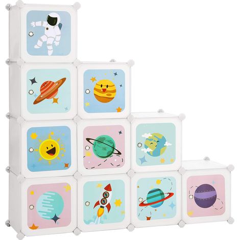 Meuble de Rangement Enfant 10 Cubes, Armoire modulable avec Portes, Étagère en Plastique, pour vêtements, Chaussures, Jouets, Sacs d'école, 123 x 31 x 123 cm, Blanc LPC903W01 (1/5)