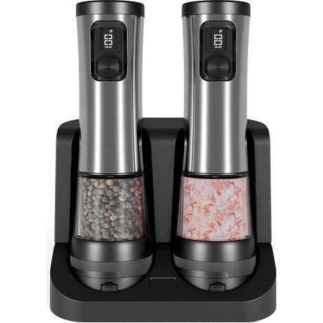 Set di macina sale e pepe elettrico in acciaio inox, con comando a un pulsante, macinazione automatica con coperchio antipolvere e base ricaricabile. (1/5)