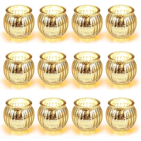 12 Pièces Photophore Bougie, Type Citrouille Bougeoir Verre, Classique Support Bougie Chauffe Plat, Exquis Photophore Bougie Décoratifs pour Mariage Fête Décoration de Noël Halloween(Or) (1/5)