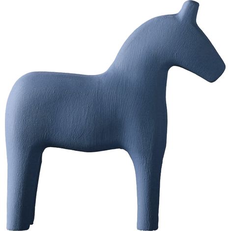 Sculpture de cheval en bois, fabriquée en pin robuste, peinte à la main, d'un bleu uni et sobre, idéale pour un bureau à domicile. (1/5)