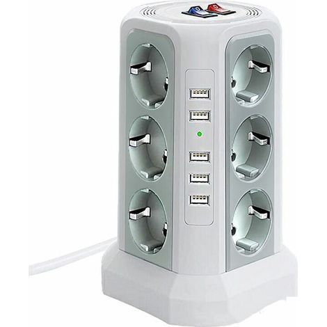 Tour multiprise parafoudre et surtension, Multiprise Electrique avec 5 Ports USB et 12 Prises, multiprise avec et 3 Interrupteurs, blanc + gris argenté (1/4)