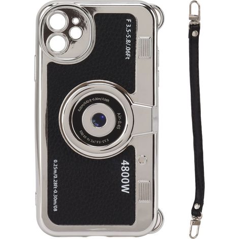 Étui Vintage Appareil Photo 3D Mignon avec Dragonne pour iPhone 12 - Noir, Hommes Femmes (1/5)