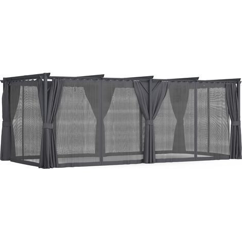 Pergola Sonderedition Holzeffekt einziehbares Dach 3x6 M und 6 Jalousien anthrazitgrau