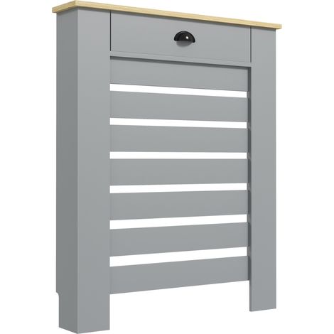 Grille de radiateur en panneaux MDF à lattes, cache-radiateur avec tiroir, gris, dimensions 78x19x95.5 cm