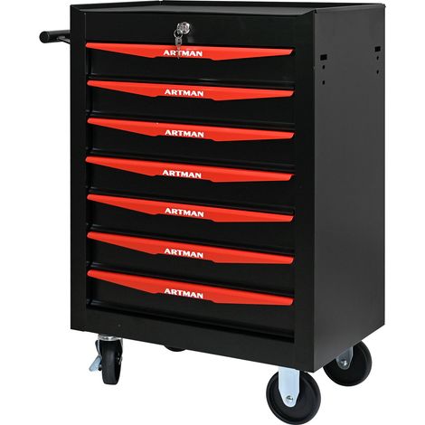 Armoire à outils mobile en acier avec 7 tiroirs et roulettes, noir et rouge (1/5)