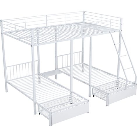 Letto triplo in metallo bianco con 2 cassetti, 140 x 200 + 2 x 90 x 200 (1/5)