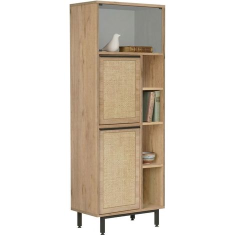 Mueble Columna Civate, 7 Estantes, 2 Puertas, Efecto Mimbre de Viena, 60x36x162h cm Marrón Roble