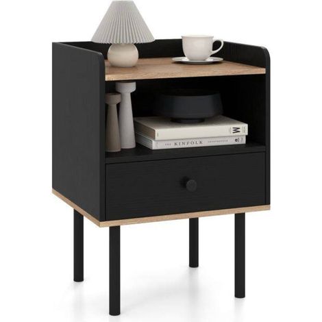 Pour lit, canapé ou fauteuil, table de chevet moderne avec tiroir, étagère ouverte et pieds en métal (1/5)