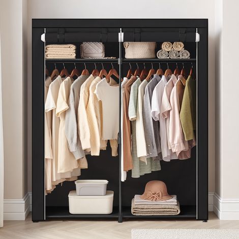 Armoire à vêtements, penderie avec 2 tringles, rangement pour vêtements, armoire en tissu, portant à vêtements, pliable, noir (1/5)