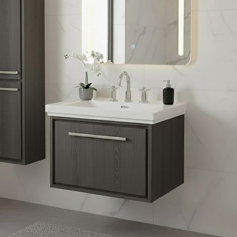 Hudson Reed Lille Wall Hung 1-Drawer Vanity Unit with 3TH Classique Basin 600mm Wide - Graphite Grey Woodgrain (1/5)