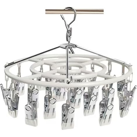 Metal Clothes Airer with 24 Clips, Sock Airer, Sock Turnstile for Underwear, Swivel Windproof Sock Hanger, White (1/5)