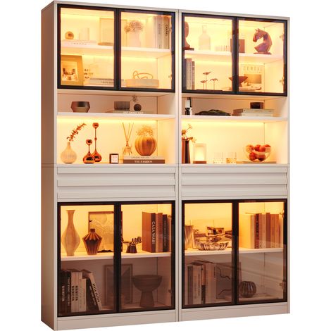 Set 2 vetrine MDF con 8 ante vetro, 2 cassetti e LED RGB 160x35x200 cm bianco (1/5)