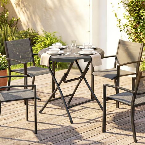 Table de jardin ronde et pliable. 4 couverts. Aspect bois. Structure en acier et plastique. Gris foncé. 80 x 80 x 73 cm