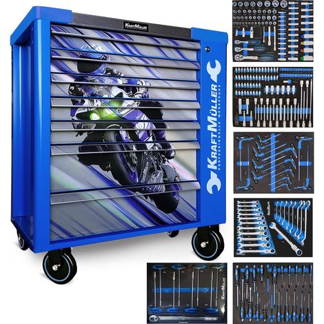 Servante d'atelier Kraft Muller KM-7/6 RACING-BLUE FLEX MOTO GP, 249 Outils inclus - 7 tiroirs, 6 tiroirs pleins, 1 placard