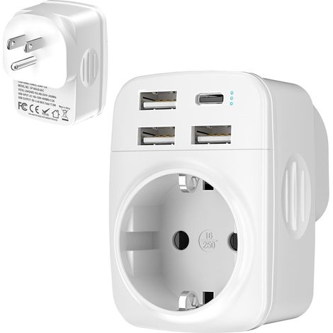 5 en 1 Adaptateur Prise USA, Adaptateur Type B avec 3 USB A et 1 USB C, Adaptateur Prise Canada, Mexico, Antigua and Barbuda, Aruba, Bahamas, Barbados, Belize, Bermuda, Colombia, Costa Rica (1/5)