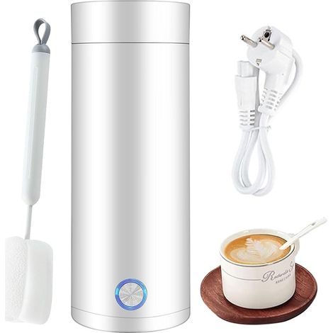 Bouilloire Electrique Portable Mini 400ml avec Brosse Nettoyage,3 en 1 Thermos Voyage Mug Chauffant Arrêt automatique,Flacon Thermos Petite Acier Inoxydable 300W Blanc,Tasse Cuisson pour Thé,Lait,Café (1/5)