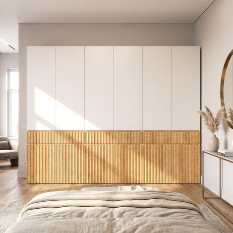 Armoire chambre 270x50x200 cm, Grand dressing penderie de rangement chic, MDF style scandinave, avec 12 portes 3 tiroirs 3 tringles, Chêne et gris (1/5)